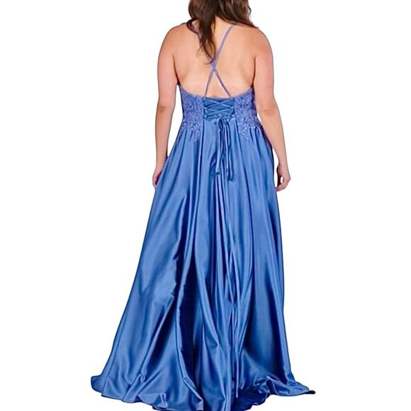 Faviana 9498 Blue Satin Formal Gown – Size 18 – Beaded Bustier & Corset Back NWT - Picture 7 of 16